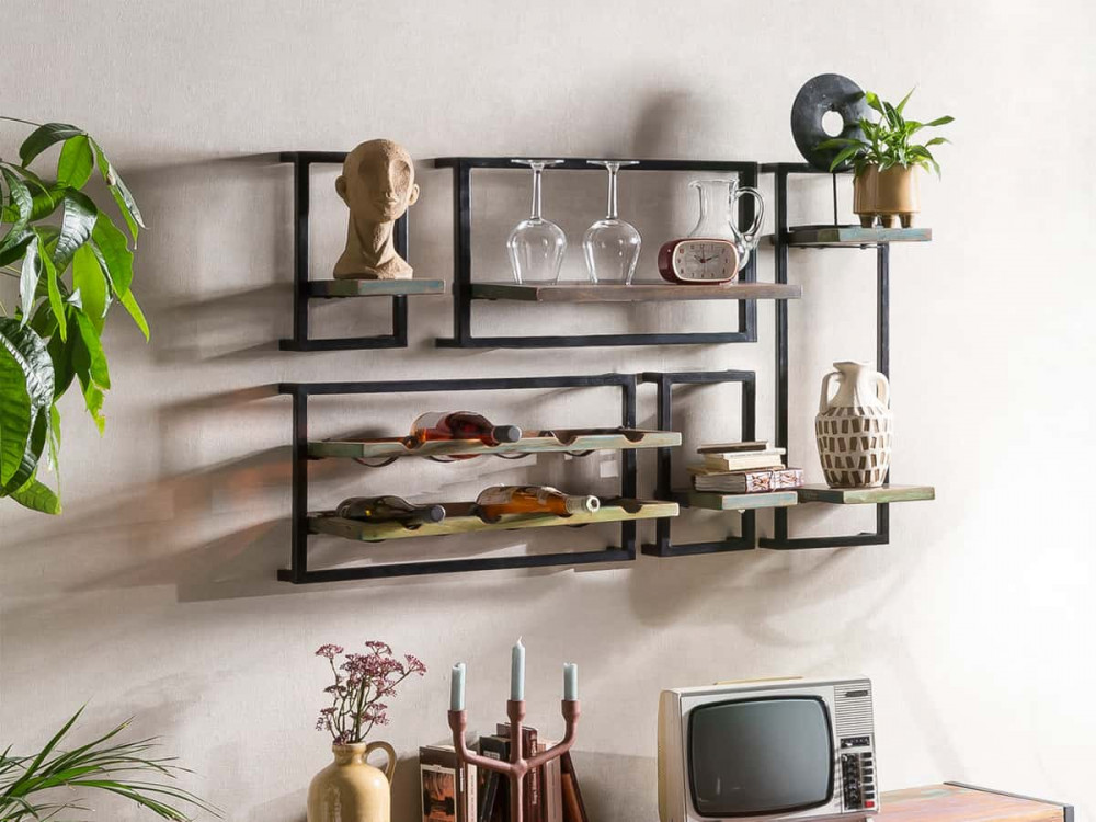 Wandregal  Shabby Chic Massivholz Metall Recycletes Holz Braun