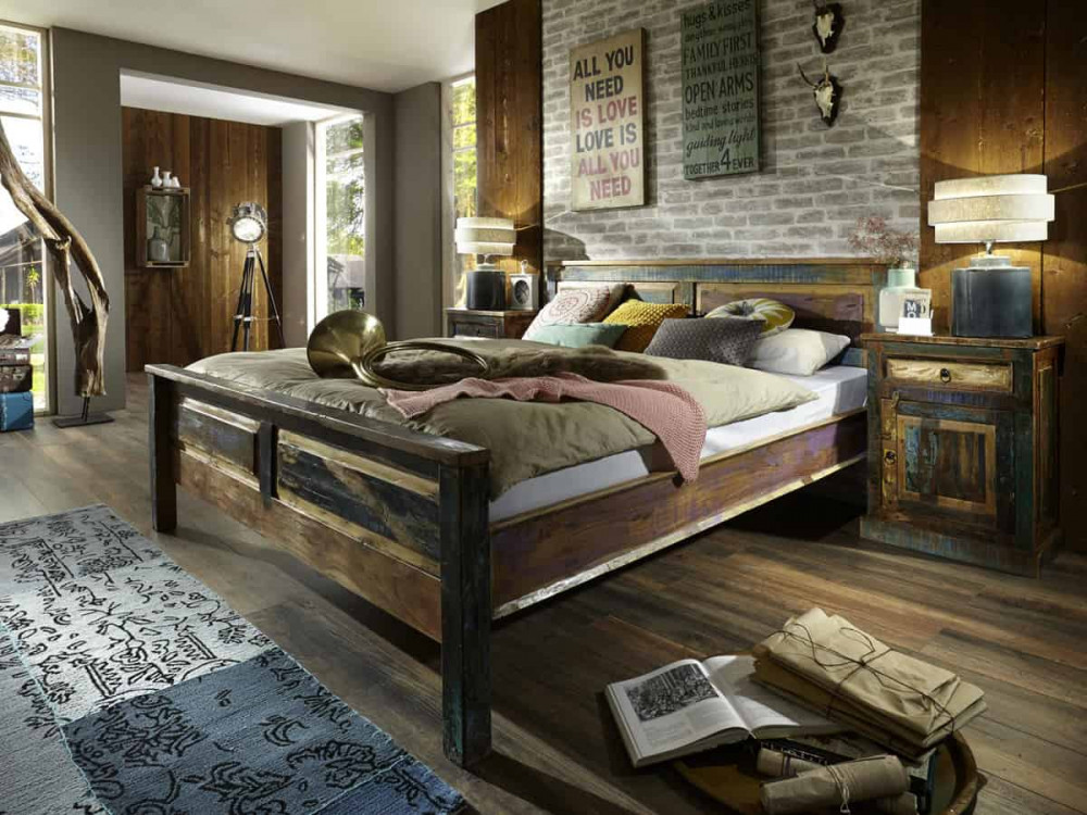 Bett  Shabby Chic Massivholz Recycletes Holz Braun