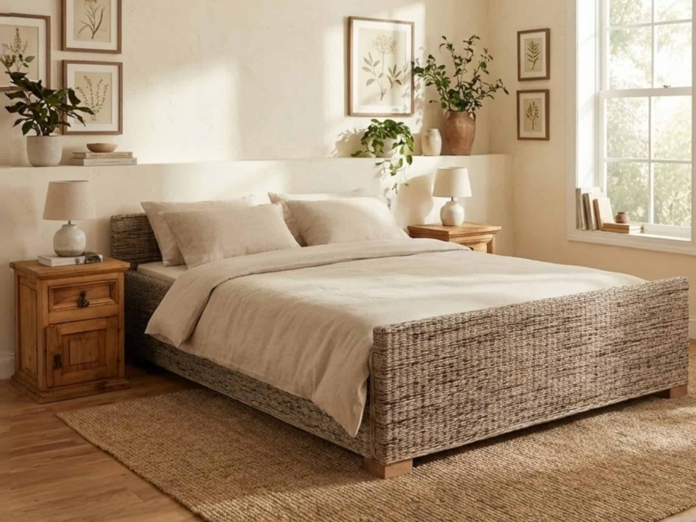 Bett Rattan Landhaus Massivholz Rattan Mahagoni Honig