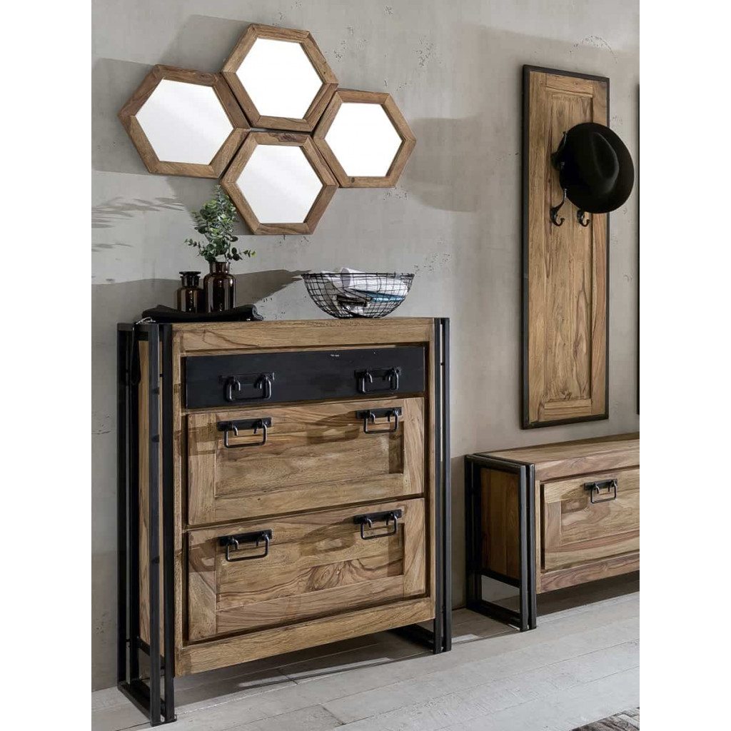 Schuhschrank Madras Kolonialstil Massivholz Metall Akazie Braun