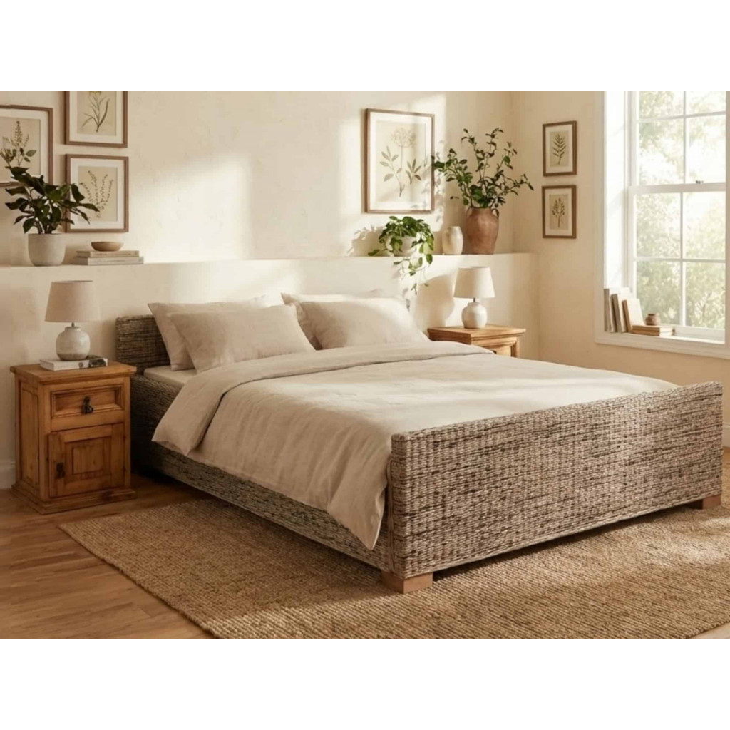 Bett Rattan Landhaus Massivholz Rattan Mahagoni Honig