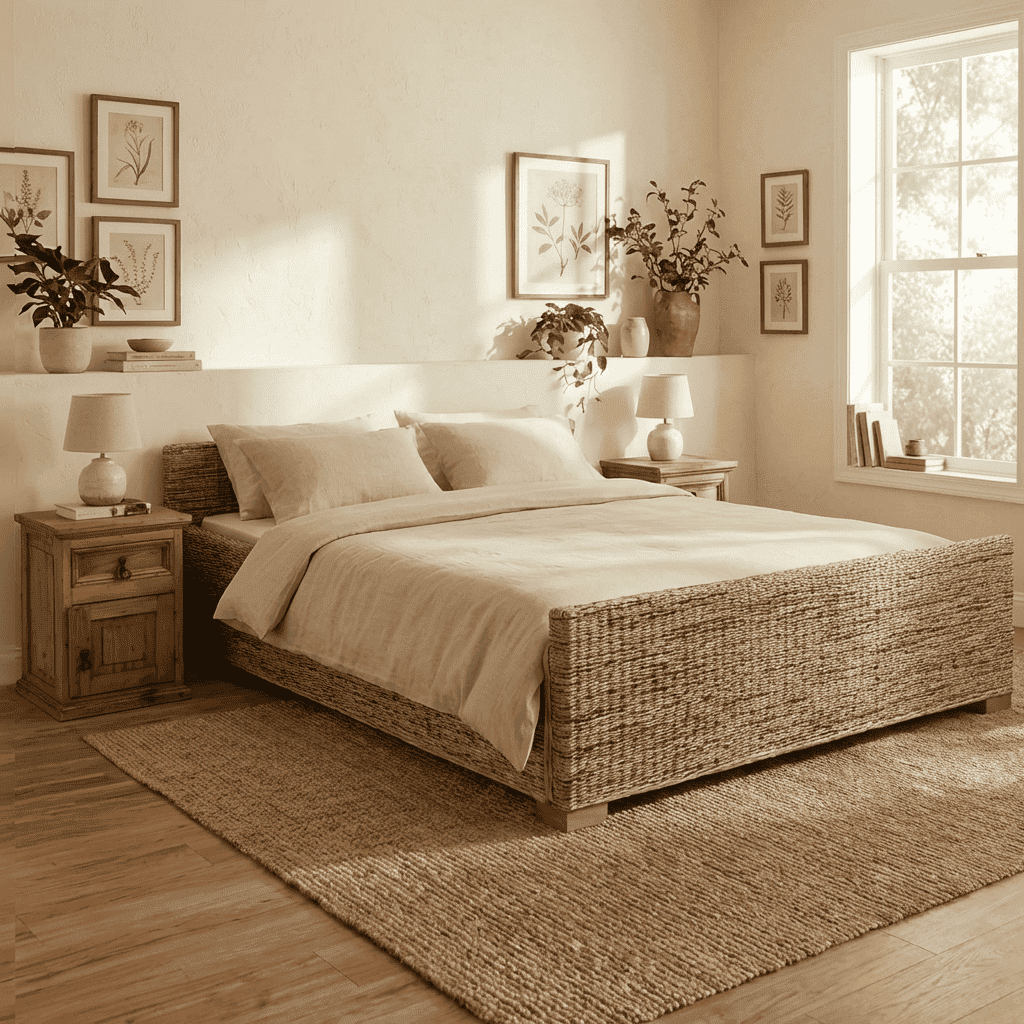 Bett Rattan Landhaus Massivholz Rattan Mahagoni Honig